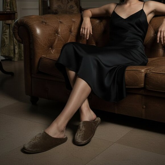 NIB ST. REGIS Rome Italy Brown Velvet Slippers monogram Embroidery size 9M - Picture 2 of 14